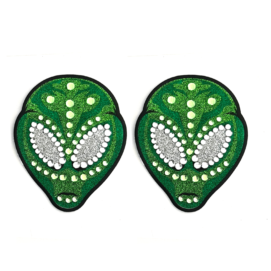 ALIEN SUPERNOVA Green Glitter & Gem Alien Pezón Pasties, Cubiertas (2 piezas) para Burlesque, Rave Carnival Halloween y festivales