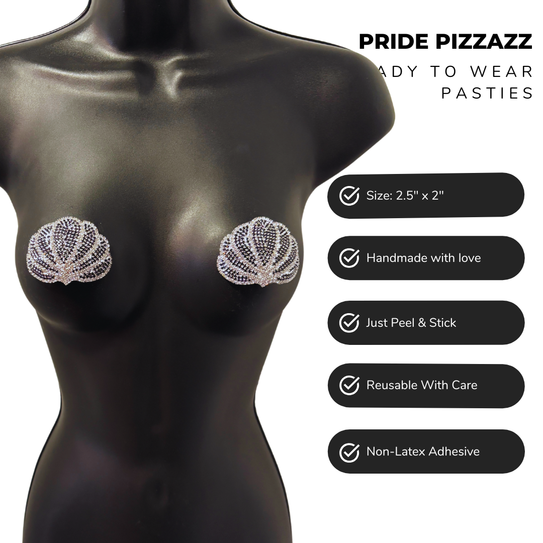 CLAMOROUS Rhinestone Black & Silver Shell Nipple Pasties (2 pcs)