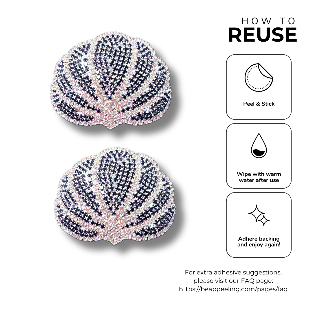 CLAMOROUS Rhinestone Black & Silver Shell Nipple Pasties (2 pcs)