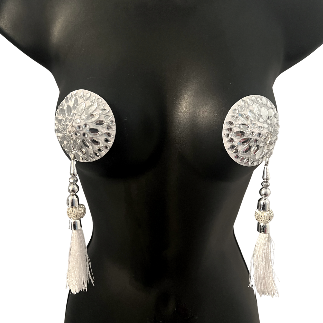 SILVER SCREEN Pastilles de mamelon en cercle argenté et blanc, couvertures (2 pièces) avec glands perlés à la main (2 pièces) Raves et festivals de lingerie burlesque