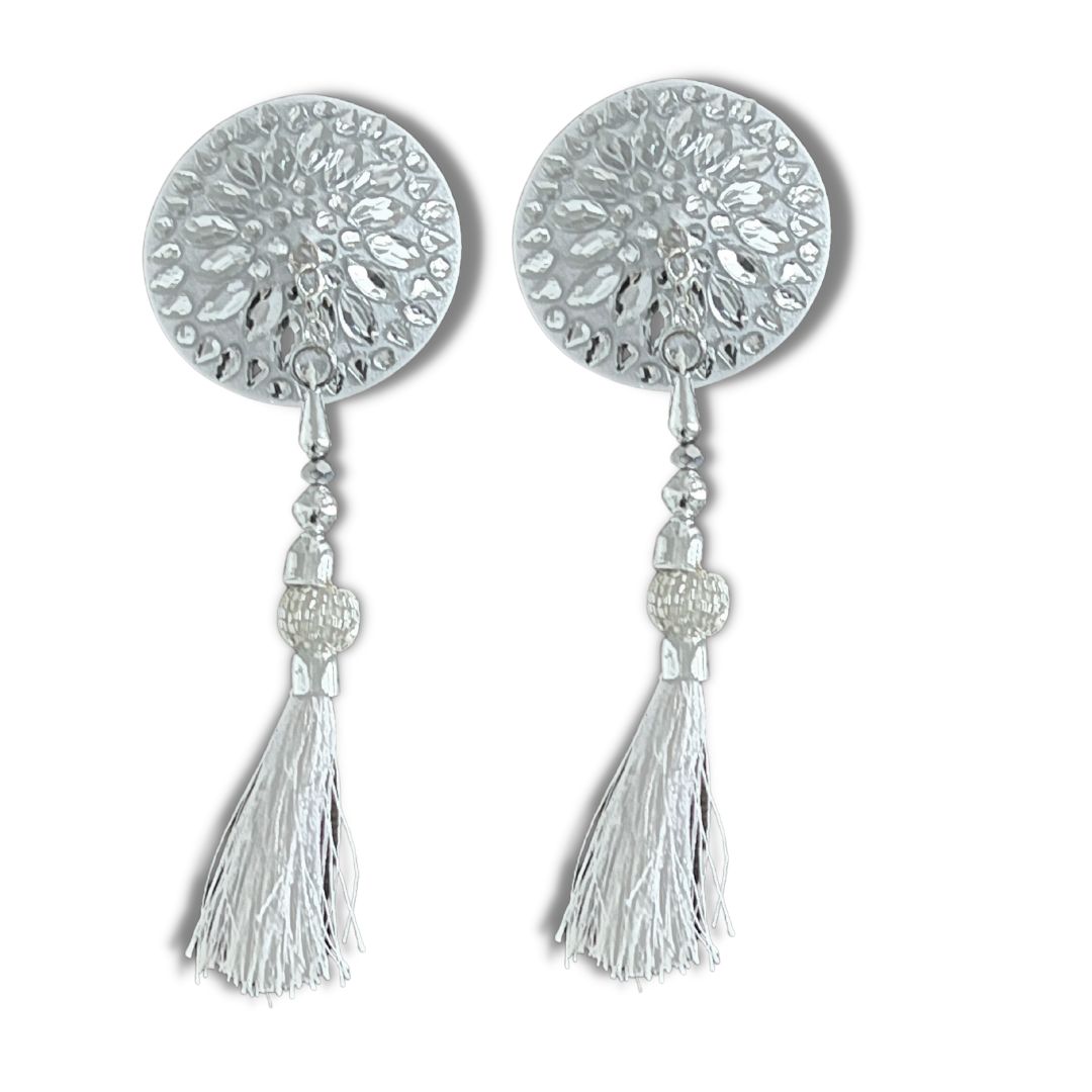 SILVER SCREEN Pastilles de mamelon en cercle argenté et blanc, couvertures (2 pièces) avec glands perlés à la main (2 pièces) Raves et festivals de lingerie burlesque