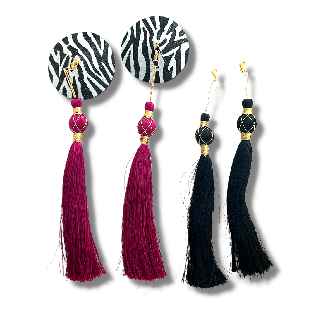 ZOË Pâte à Mamelon Imprimé Zèbre Pailleté, Couvre-Mamelon (2pcs) avec 2 jeux de Pompons pour Lingerie Carnaval Burlesque Rave Festivals