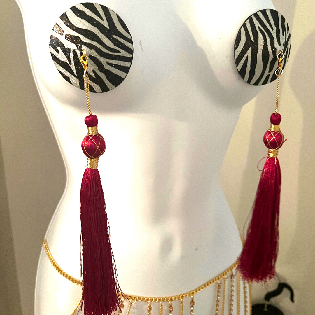 ZOË Pâte à Mamelon Imprimé Zèbre Pailleté, Couvre-Mamelon (2pcs) avec 2 jeux de Pompons pour Lingerie Carnaval Burlesque Rave Festivals