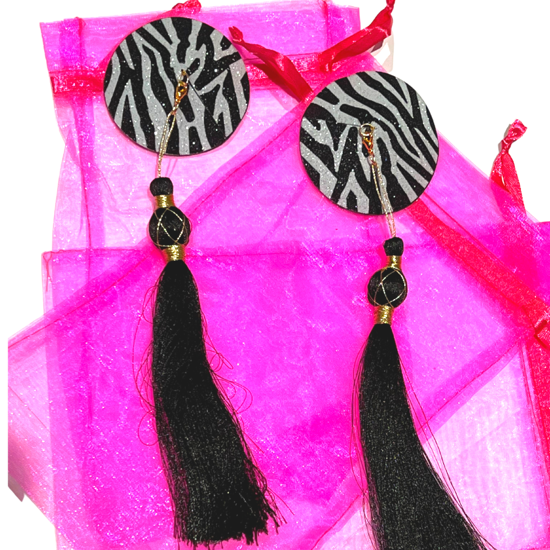 ZOË Pâte à Mamelon Imprimé Zèbre Pailleté, Couvre-Mamelon (2pcs) avec 2 jeux de Pompons pour Lingerie Carnaval Burlesque Rave Festivals