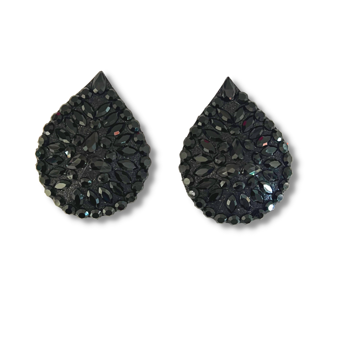 BLACK MAGIC Black Glitter and Gem Teardrop Nipple Pasty, Covers (2pcs) pour Burlesque Lingerie Raves Carnaval et Festivals