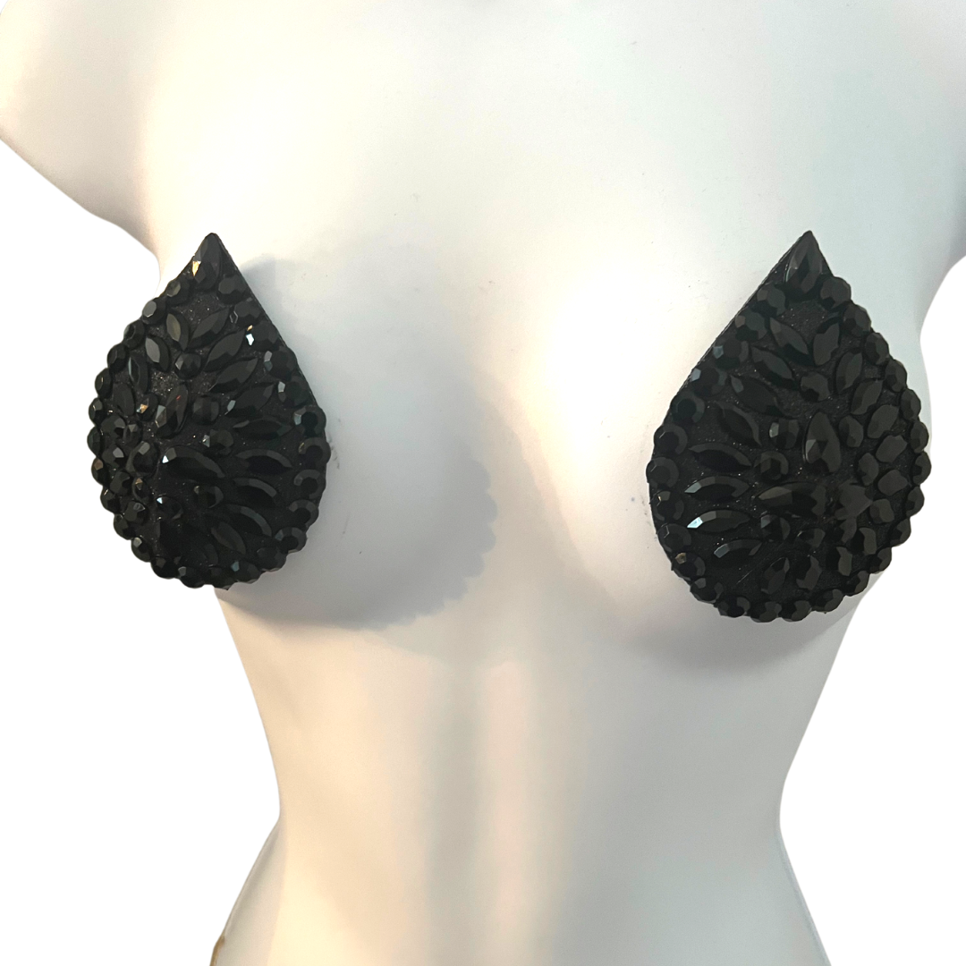 BLACK MAGIC Black Glitter and Gem Teardrop Nipple Pasty, Covers (2pcs) pour Burlesque Lingerie Raves Carnaval et Festivals