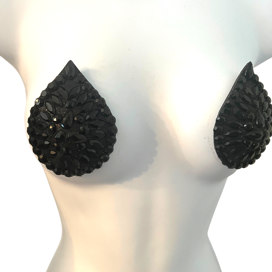 BLACK MAGIC Black Glitter and Gem Teardrop Nipple Pasty, Covers (2pcs) pour Burlesque Lingerie Raves Carnaval et Festivals