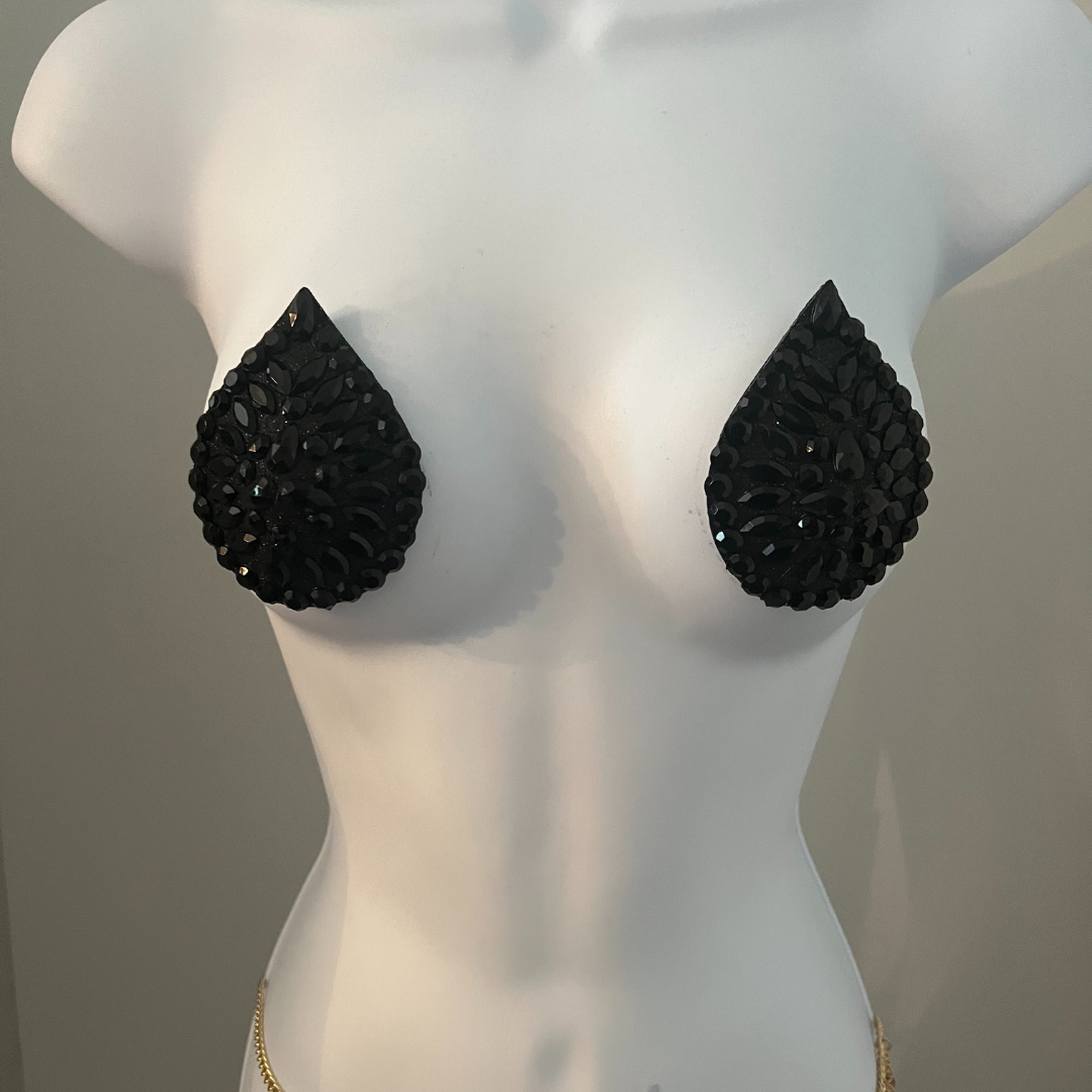 BLACK MAGIC Black Glitter and Gem Teardrop Nipple Pasty, Covers (2pcs) pour Burlesque Lingerie Raves Carnaval et Festivals