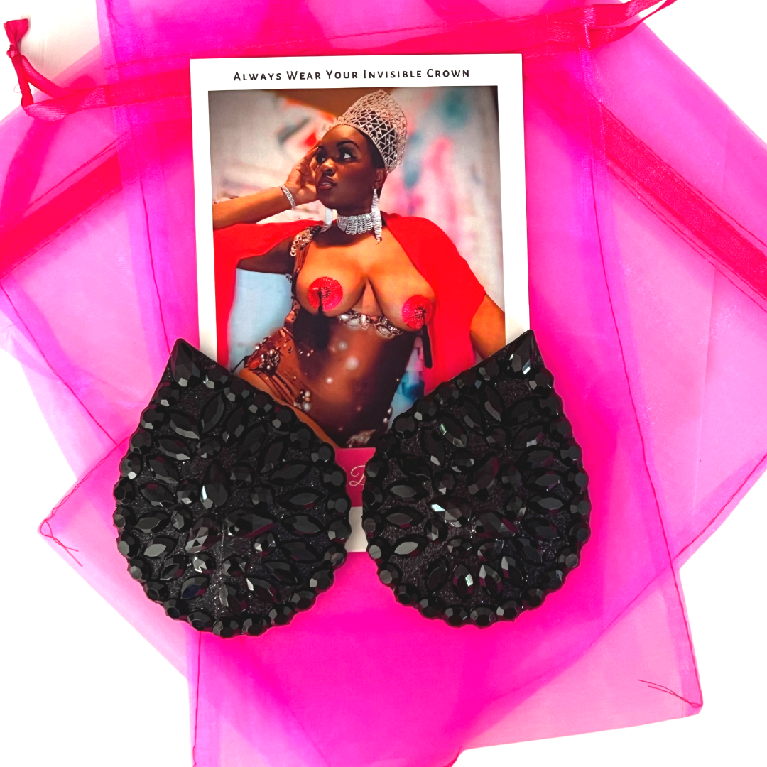 BLACK MAGIC Black Glitter and Gem Teardrop Nipple Pasty, Covers (2pcs) pour Burlesque Lingerie Raves Carnaval et Festivals