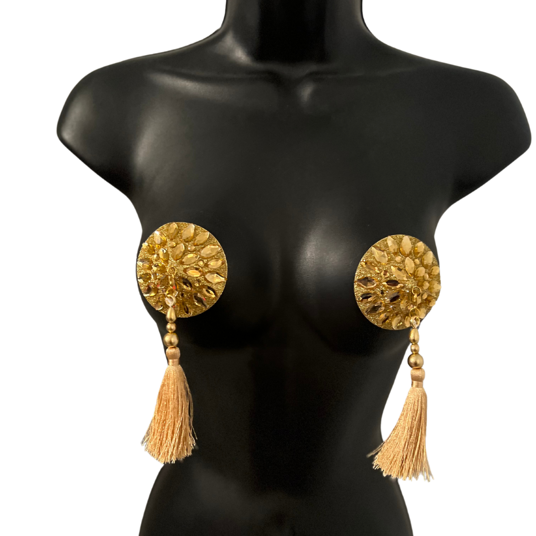 GIGI ROYALE Glitter & Crystal Intricate Nipple Pasties, Covers - 5 Colours available - (2pcs) with Removable Tassels for Burlesque Raves Lingerie Carnival