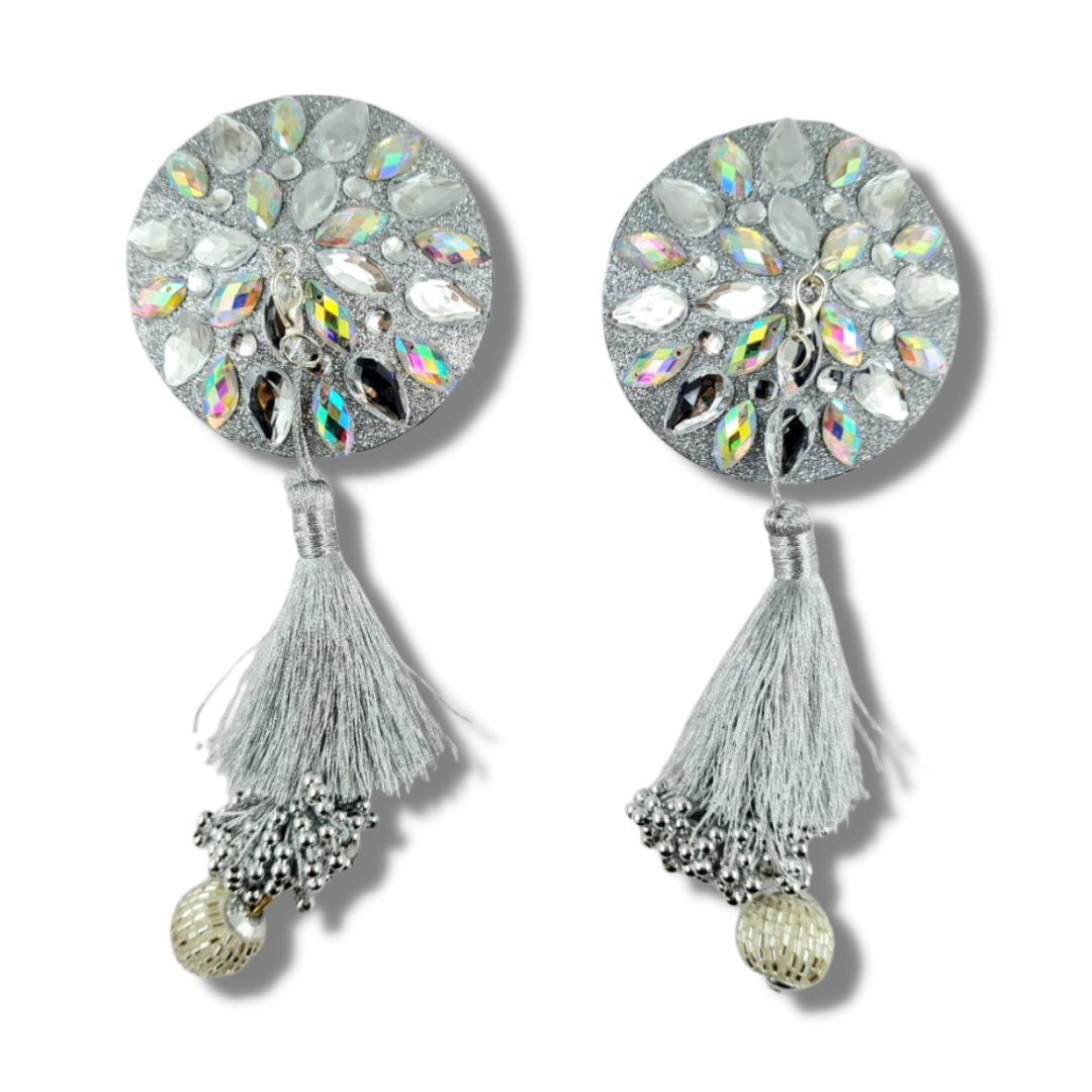 GIGI ROYALE Glitter & Crystal Intricate Nipple Pasties, Covers - 5 Colours available - (2pcs) with Removable Tassels for Burlesque Raves Lingerie Carnival