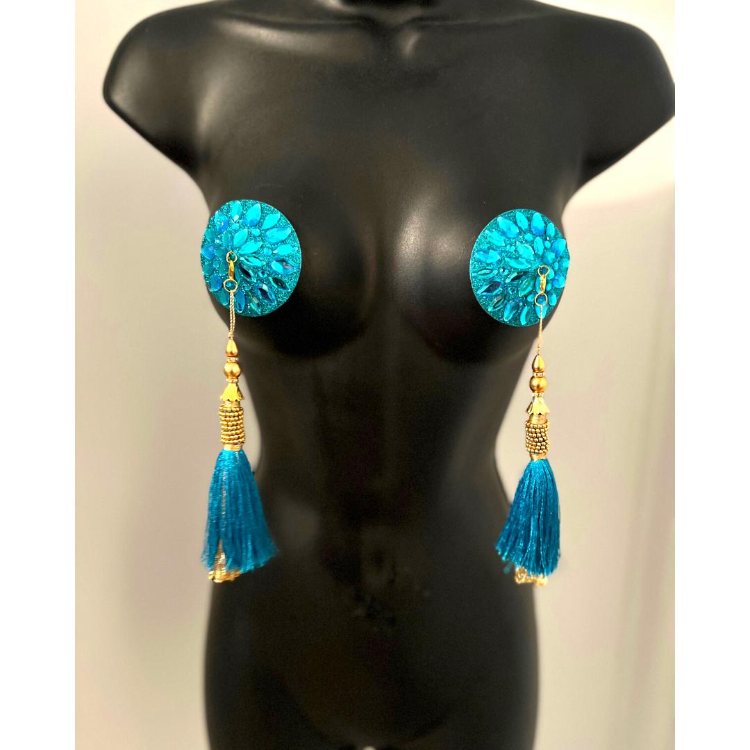 GIGI ROYALE Glitter & Crystal Intricate Nipple Pasties, Covers - 5 Colours available - (2pcs) with Removable Tassels for Burlesque Raves Lingerie Carnival