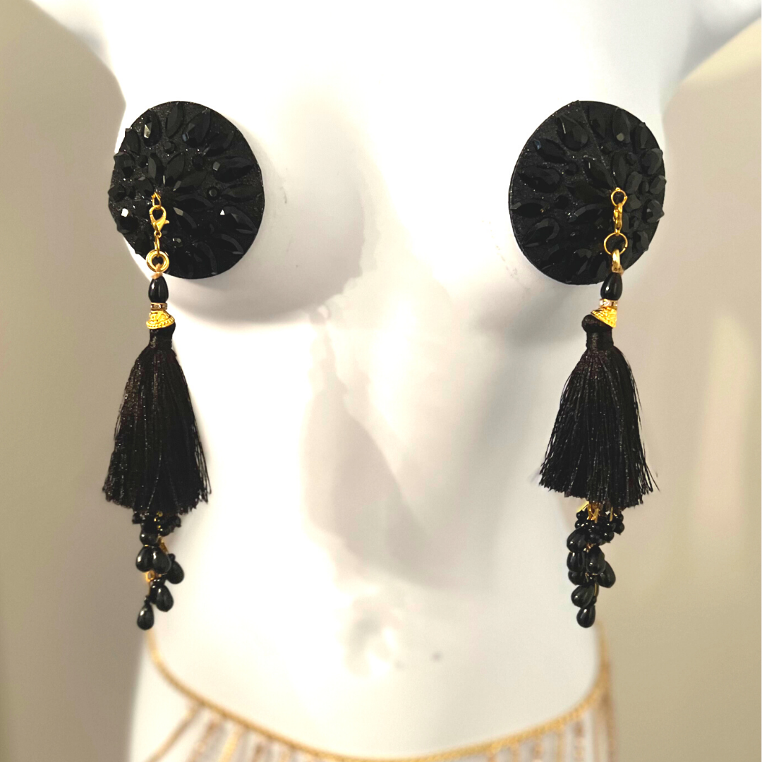 GIGI ROYALE Glitter & Crystal Intricate Nipple Pasties, Covers - 5 Colours available - (2pcs) with Removable Tassels for Burlesque Raves Lingerie Carnival