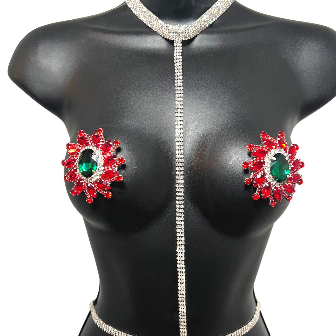GUI - Ruby Emerald & Rhinestone Nipple Pasties, Covers (2pcs) pour les festivals, Carnival Raves Burlesque Lingerie