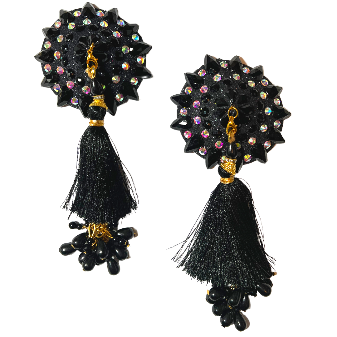 POUSSÉ CAFÉ Pâte à tétons noir et cristal, cache-tétons (2 pièces) avec pompons en perles pour festivals de lingerie, carnaval, rave burlesque