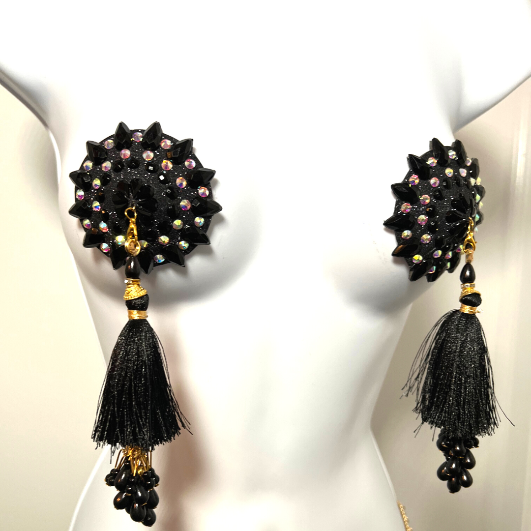 POUSSÉ CAFÉ Pâte à tétons noir et cristal, cache-tétons (2 pièces) avec pompons en perles pour festivals de lingerie, carnaval, rave burlesque