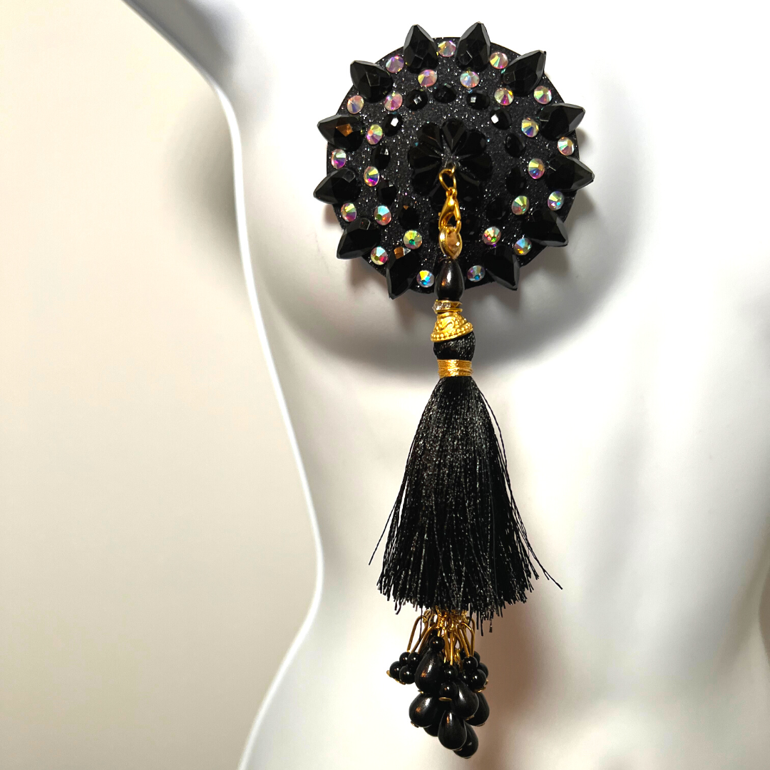 POUSSÉ CAFÉ Pâte à tétons noir et cristal, cache-tétons (2 pièces) avec pompons en perles pour festivals de lingerie, carnaval, rave burlesque