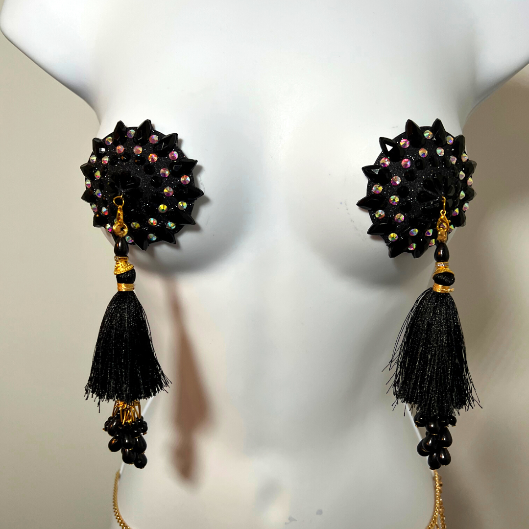 POUSSÉ CAFÉ Pâte à tétons noir et cristal, cache-tétons (2 pièces) avec pompons en perles pour festivals de lingerie, carnaval, rave burlesque