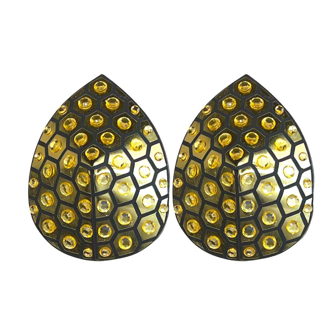 HONEYCOMB Gold Foil & Crystal Nipple Pasties, Cubiertas para festivales, Carnival Raves Burlesque Lingerie