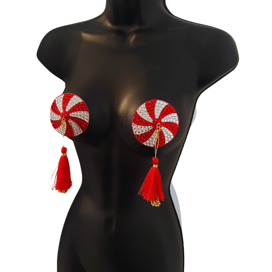 KANDI KANE Pasties de pezón de caramelo navideño rojo y blanco, cubiertas con borlas con cuentas a mano (2 piezas) para raves y festivales de lencería burlesca Raves