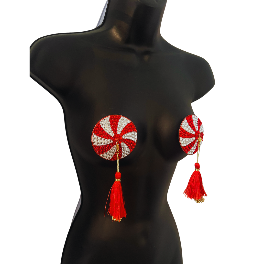 KANDI KANE Pasties de pezón de caramelo navideño rojo y blanco, cubiertas con borlas con cuentas a mano (2 piezas) para raves y festivales de lencería burlesca Raves