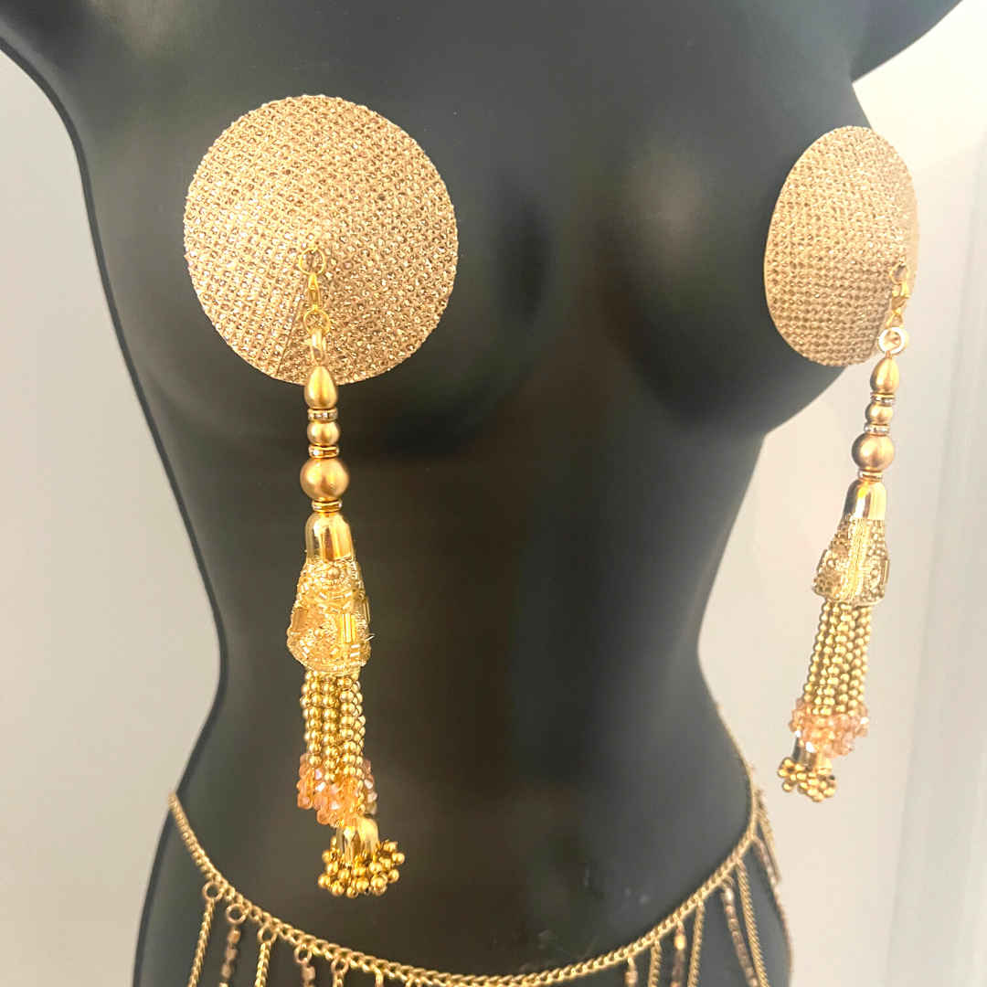 CHAMPAGNE MULE Gold Foil Nipple Pasties, Covers (2pcs) with Hand Beaded Gem Tassels (2pcs) Burlesque Lingerie Raves and Festivals