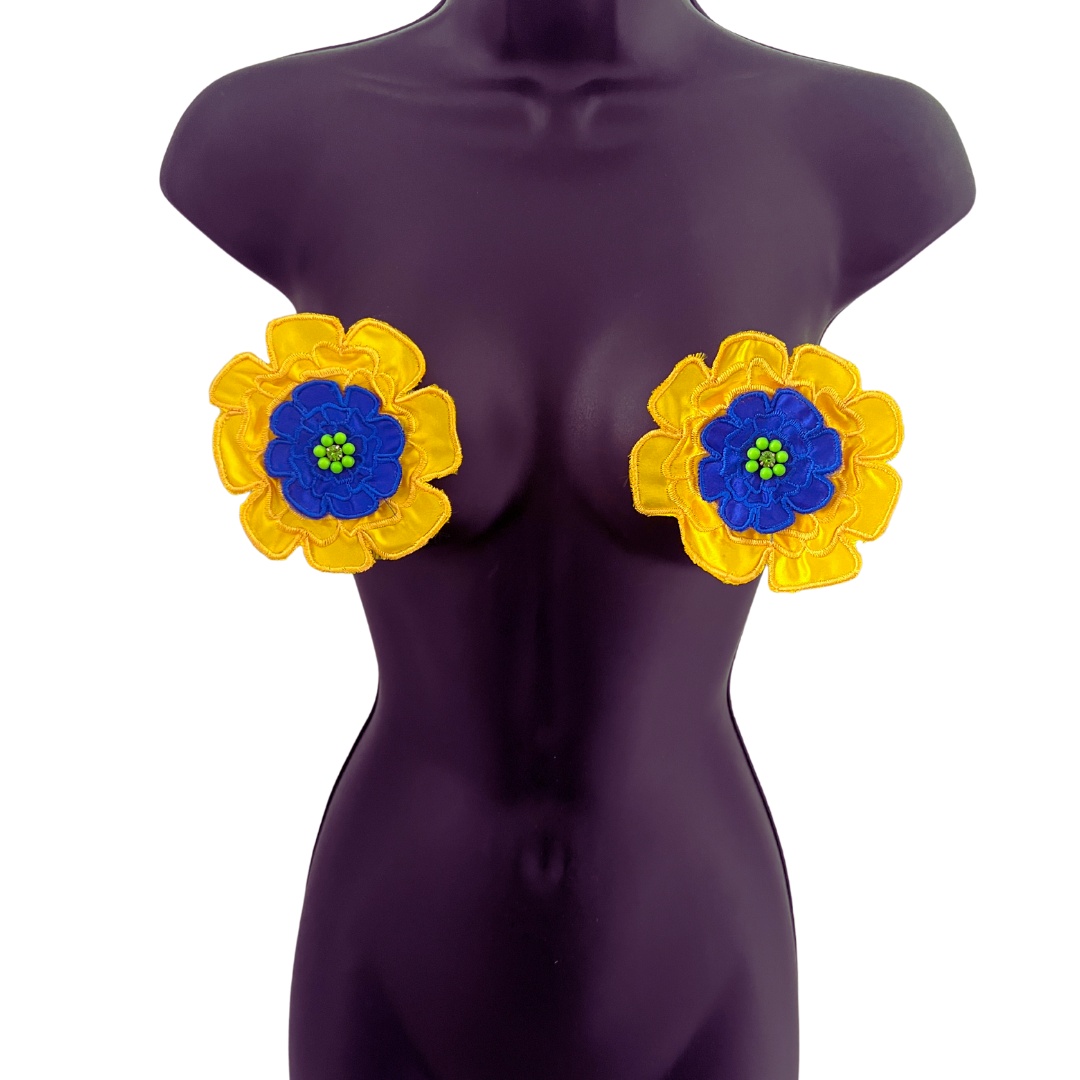 FLOWER GIRL Embroidered Blue and Yellow Flowers (LARGE) with Beaded and Gem Centre Nipple Pasty, Cover (2 pcs)