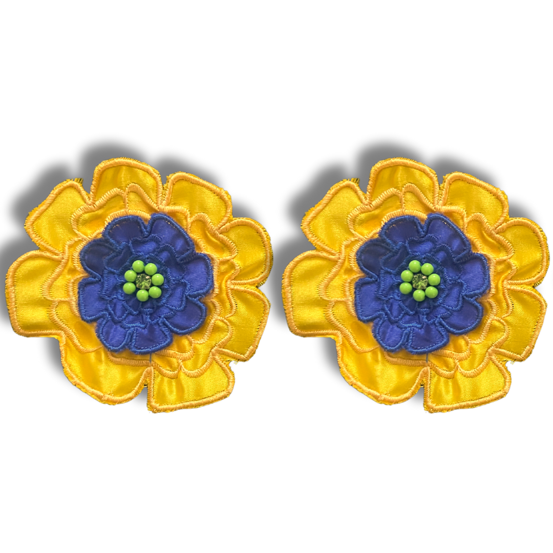 FLOWER GIRL Embroidered Blue and Yellow Flowers (LARGE) with Beaded and Gem Centre Nipple Pasty, Cover (2 pcs)