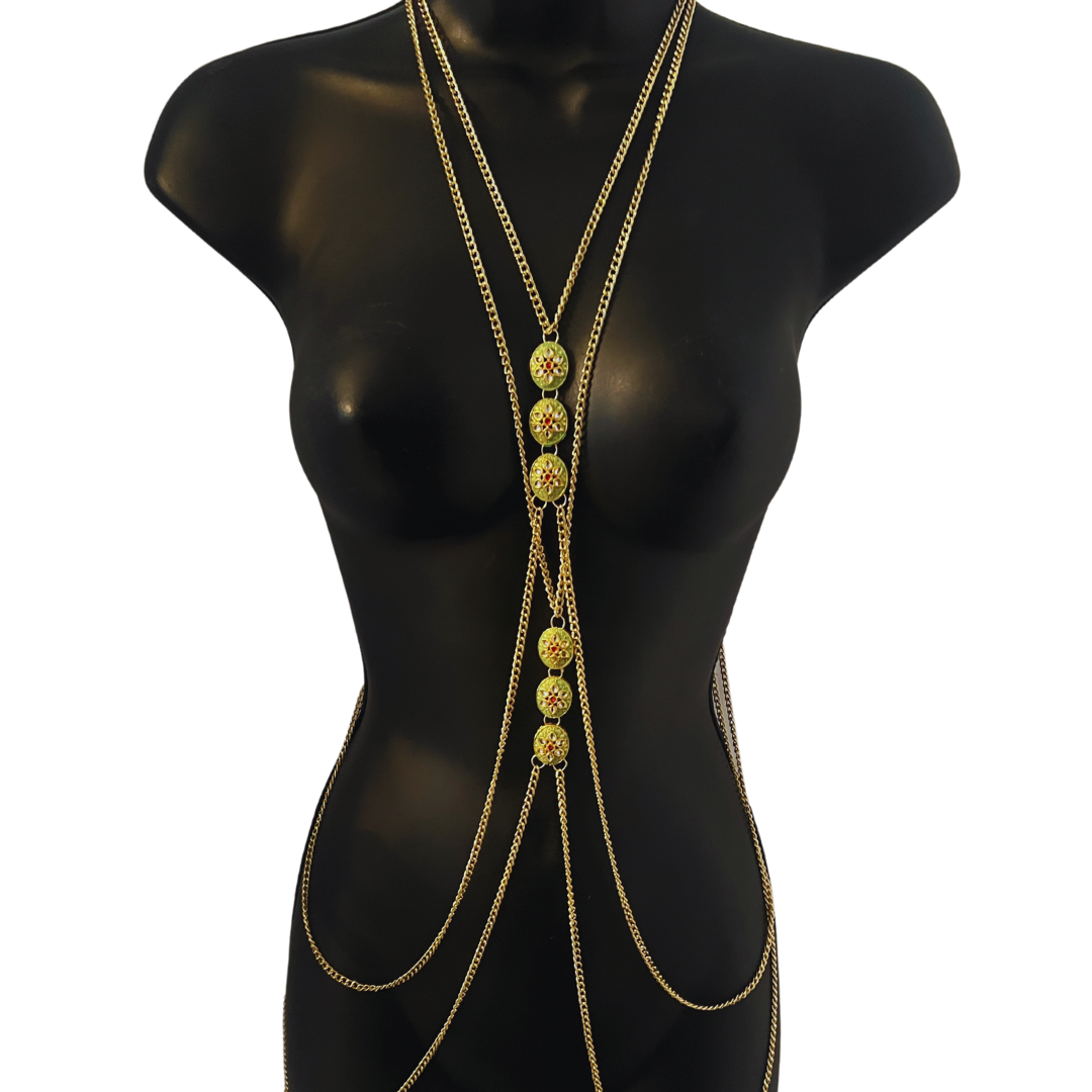 JUNO Cascade of Gold Chains with Green Floral Enamel Accents Handmade Body Chain