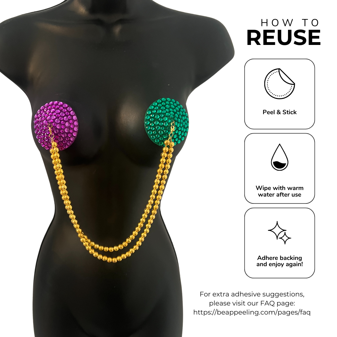 BOURBON BEADS Mardi Gras Themed Purple and Green Nipple Pasties Covers (2pcs) with Removable Gold Beads Tassels