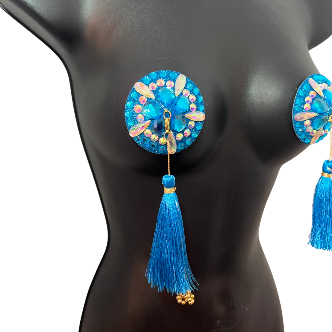 BLUE BELL Blue & Teal Nipple Pasties, covers with Tassels