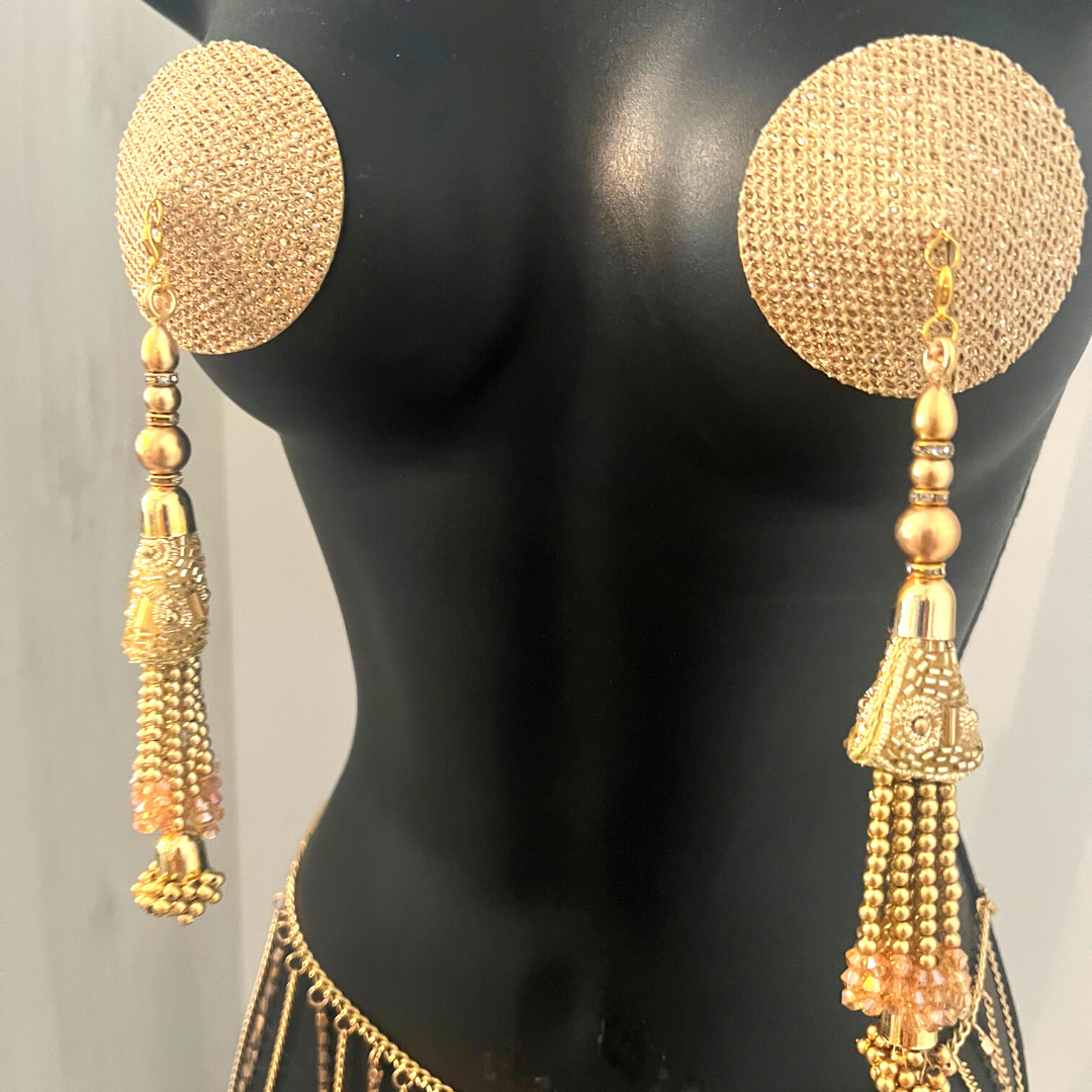 CHAMPAGNE MULE Gold Foil Nipple Pasties, Covers (2pcs) with Hand Beaded Gem Tassels (2pcs) Burlesque Lingerie Raves and Festivals