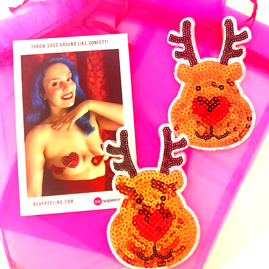 RUDOLPH Sequin Reindeer Nipple Pasty, Covers (2pcs) LARGE for Burlesque Lingerie Raves Festivals and Christmas