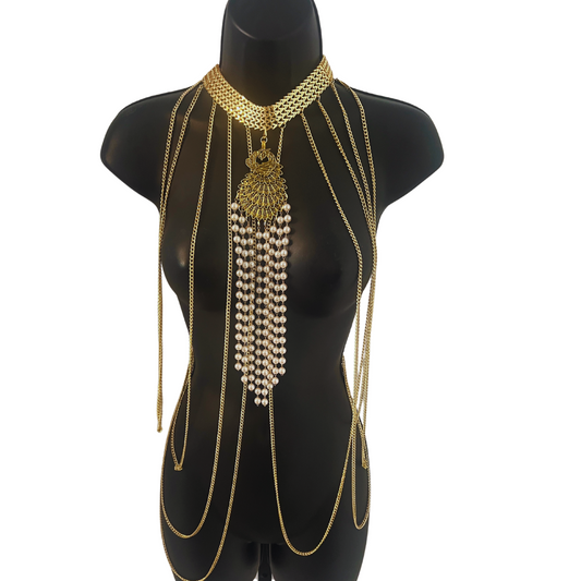 APHRODITE Cascade of Gold Chains with Pearls and Gold Centrepiece Handmade Body Chain