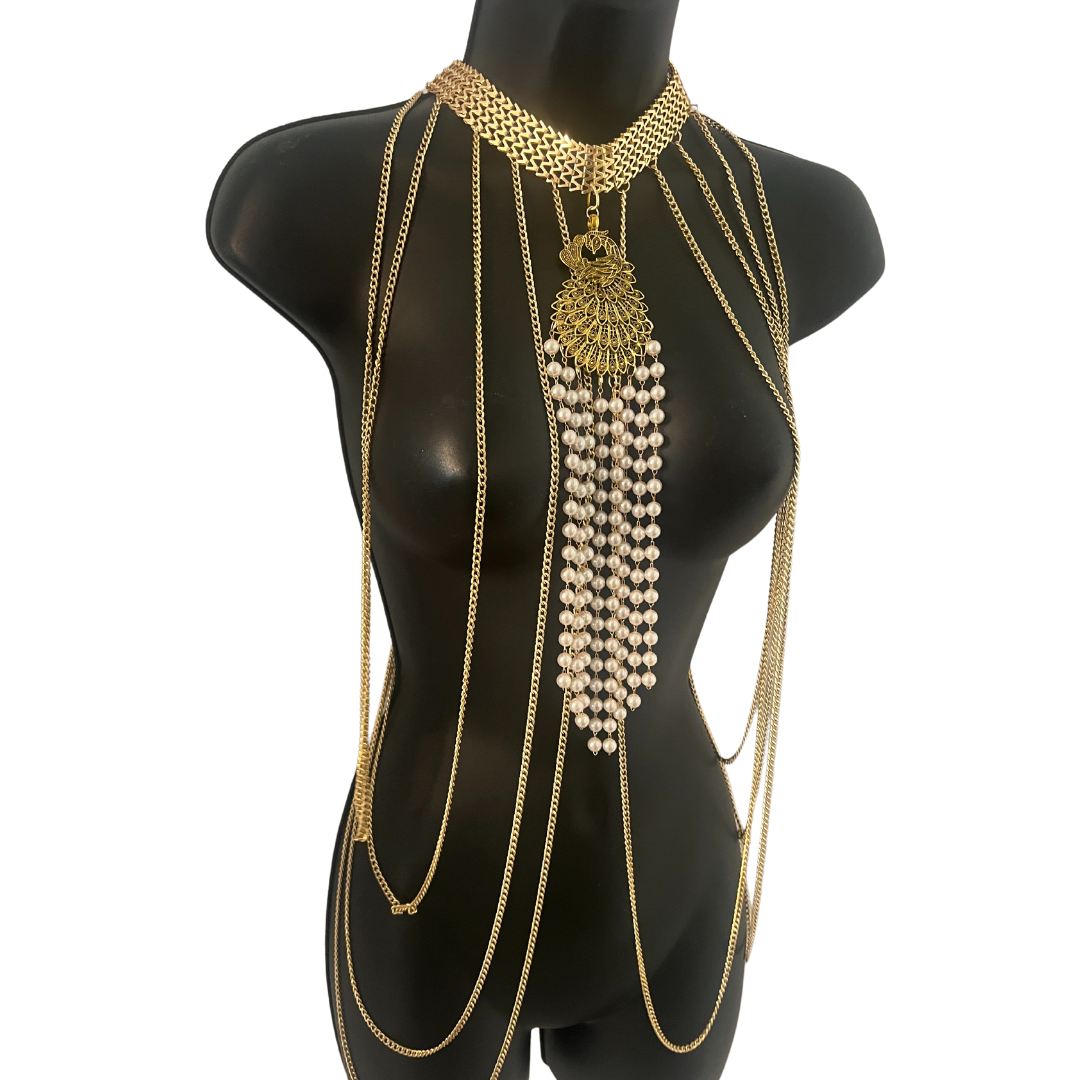 APHRODITE Cascade of Gold Chains with Pearls and Gold Centrepiece Handmade Body Chain