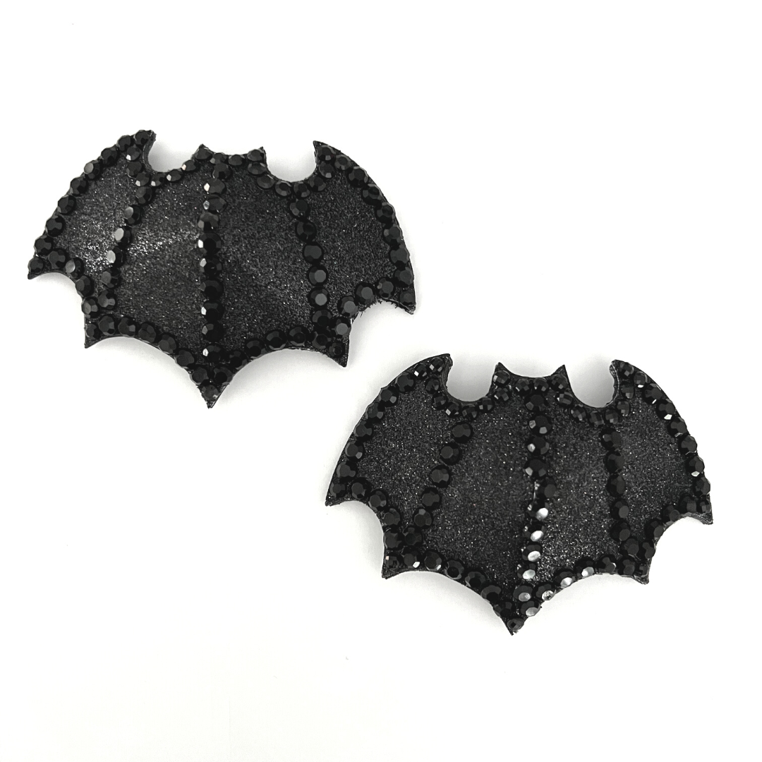 BATTITUDE Pasties de pezón de murciélago negro formado, cubiertas (2 piezas) para festivales de lencería burlesca Raves y Halloween