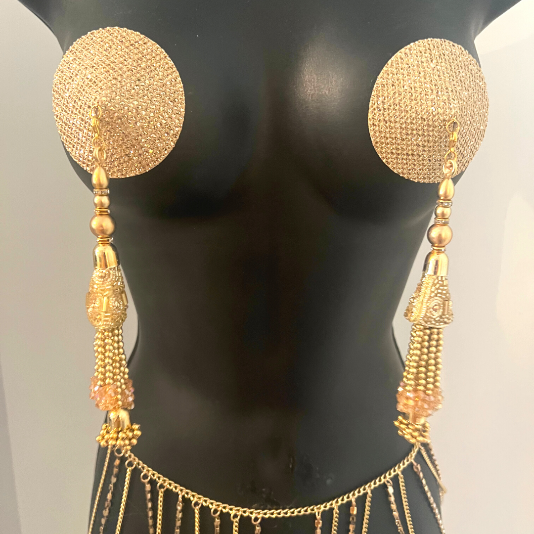 CHAMPAGNE MULE Gold Foil Nipple Pasties, Covers (2pcs) with Hand Beaded Gem Tassels (2pcs) Burlesque Lingerie Raves and Festivals