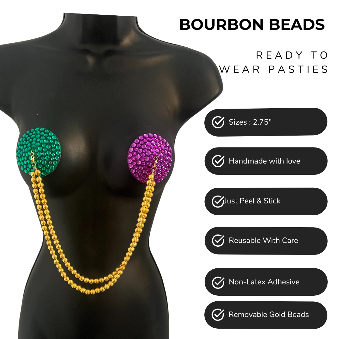 BOURBON BEADS Mardi Gras Themed Purple and Green Nipple Pasties Covers (2pcs) with Removable Gold Beads Tassels