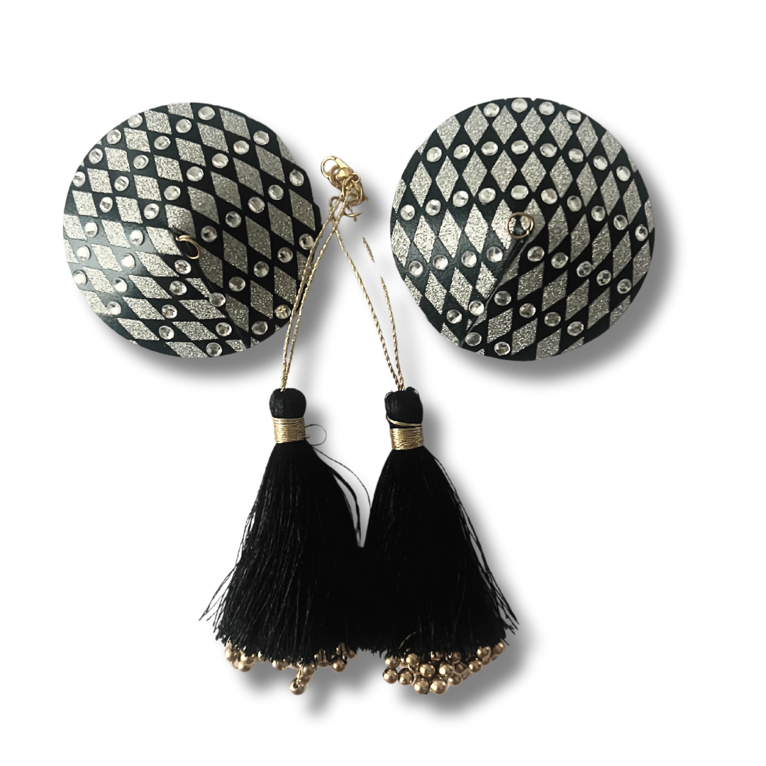 ENIGMA Black & Silver Nipple Pasty, Nipple Cover (2pcs) with Removable Tassels for Lingerie Carnival Burlesque Rave