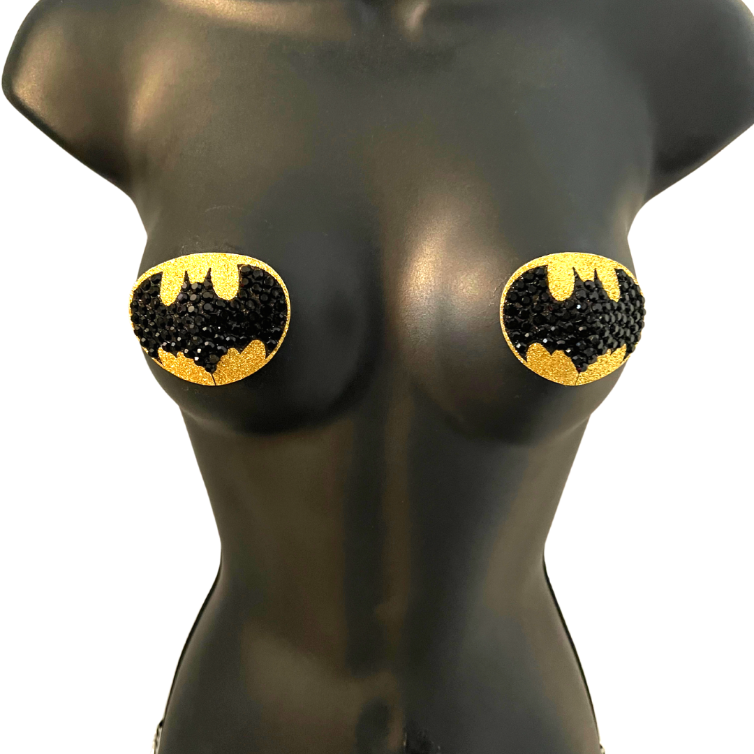 BAT SIGNAL Pasties de pezón de murciélago negro y ovalado dorado, cubiertas (2 piezas) para festivales Raves de lencería burlesca y Halloween