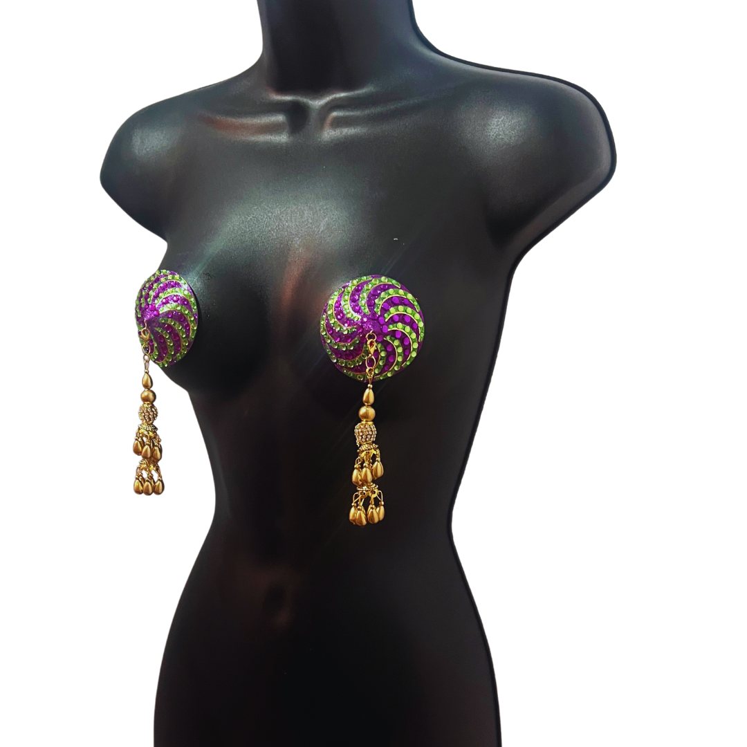 BAYOU BLING Mardi Gras Themed Nipple Pasties Covers (2pcs) with Removable Gold Hand Beaded Tassels