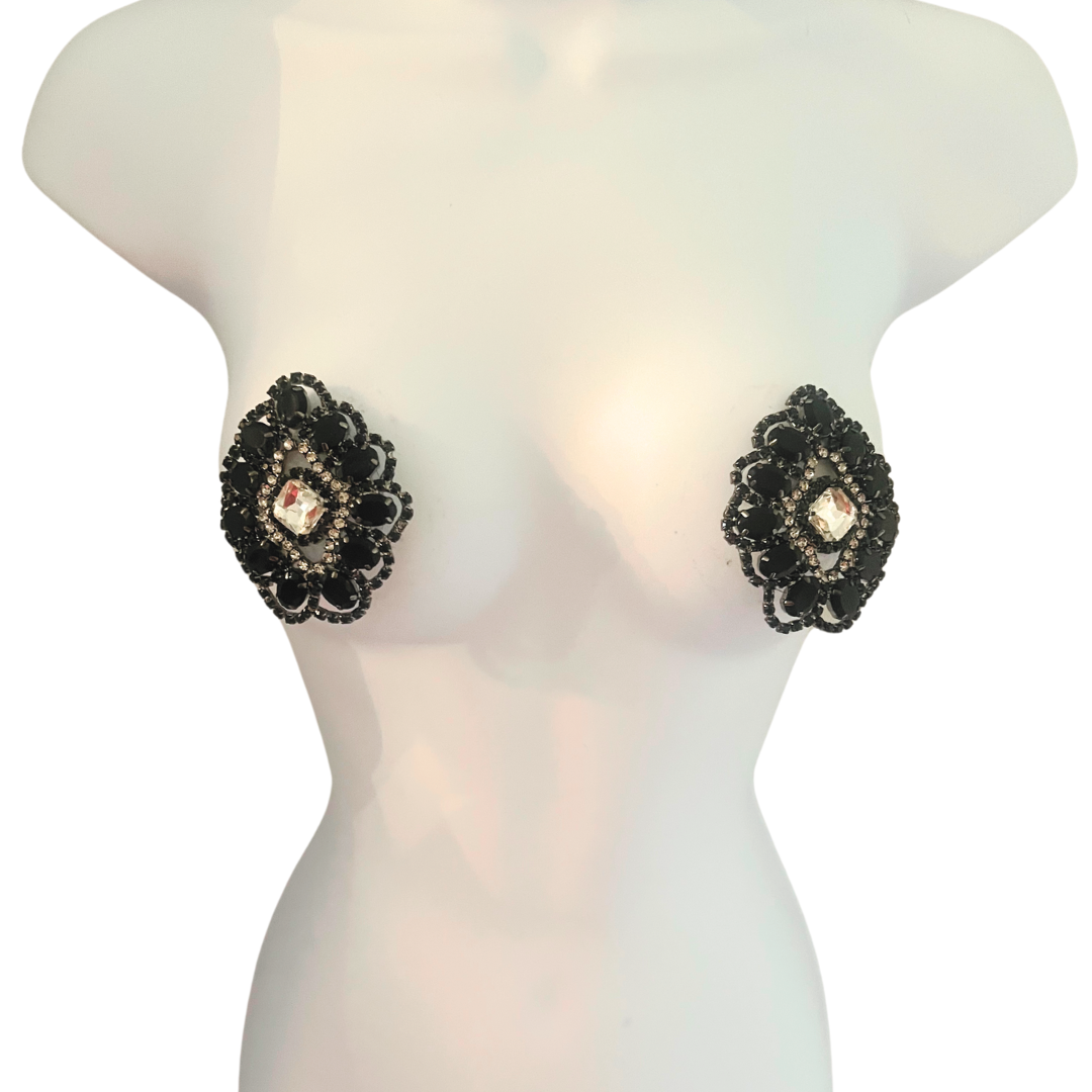 COCO CABARET Intricate and Gorgeous Design Black Gem &  Rhinestone  Nipple Pasties,  Covers (2pcs)