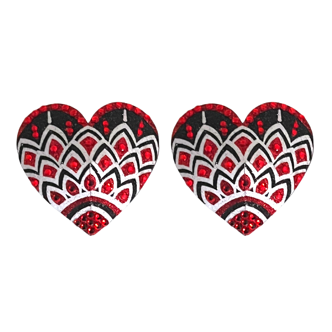 ALI ROSE Rouge, Noir et Blanc Mosaïque Glitter Coeur et Gem Nipple Pasty, Covers (2pcs) pour Raves et Festivals de Lingerie Burlesque