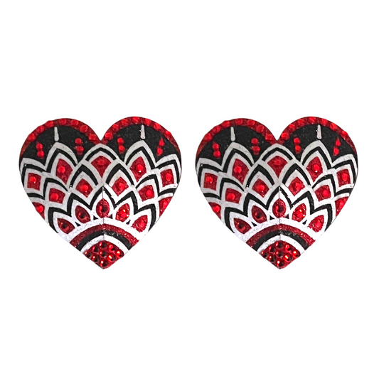 ALI ROSE  Red, Black and White Mosaic Glitter Heart and Gem Nipple Pasty, Covers (2pcs) for Burlesque Lingerie Raves and Festivals