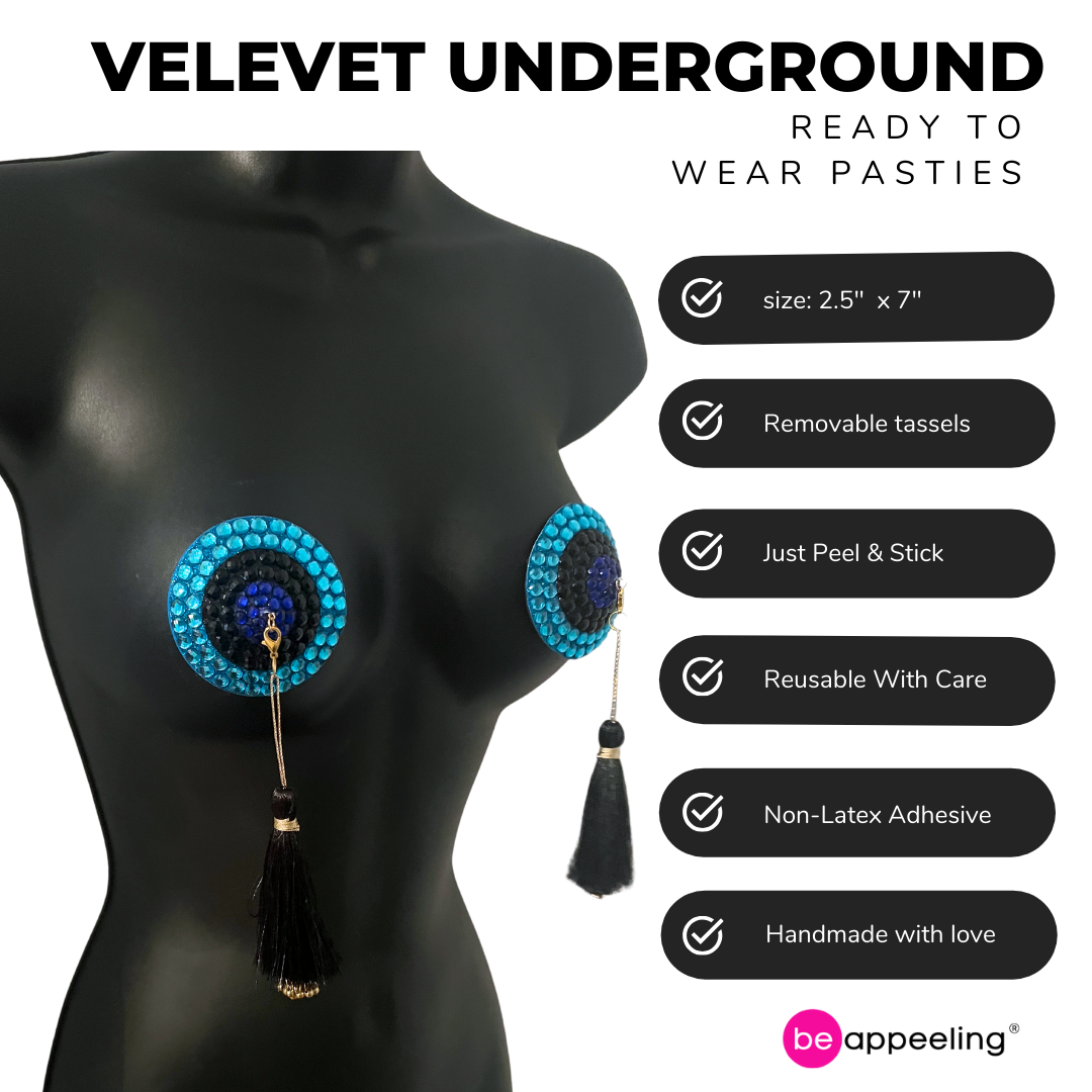 VELVET UNDERGROUND Pasties en cristal bleu, aqua et noir, couvre-tétons avec glands (2pcs