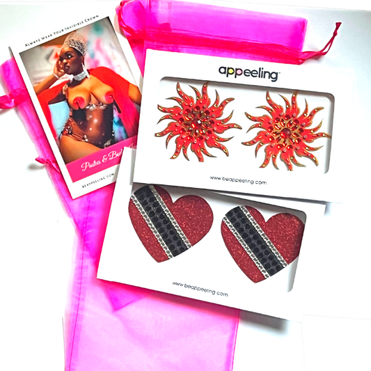 TRINIDAD RED Bundle (2 pairs, 4 pcs) - Carnival Inspired Nipple Pasty, Cover, Tassels for Burlesque Lingerie Raves Carnival