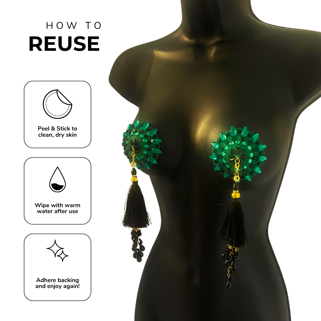 POUSSÉ CAFÉ Green & Black Crystal Nipple Pasty, Nipple Cover (2pcs) with Removable Beaded Tassels