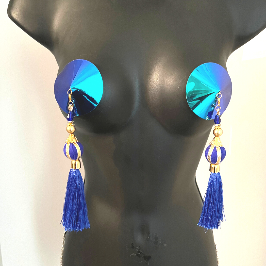 MINA VON VIXEN Pasta para pezones azul real, cubre (2 piezas) con 2 pares de borlas extraíbles. Para festivales de lencería Carnaval Burlesque Raves