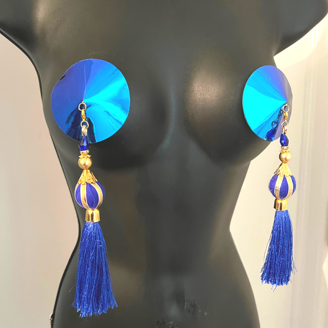 MINA VON VIXEN Pasta para pezones azul real, cubre (2 piezas) con 2 pares de borlas extraíbles. Para festivales de lencería Carnaval Burlesque Raves