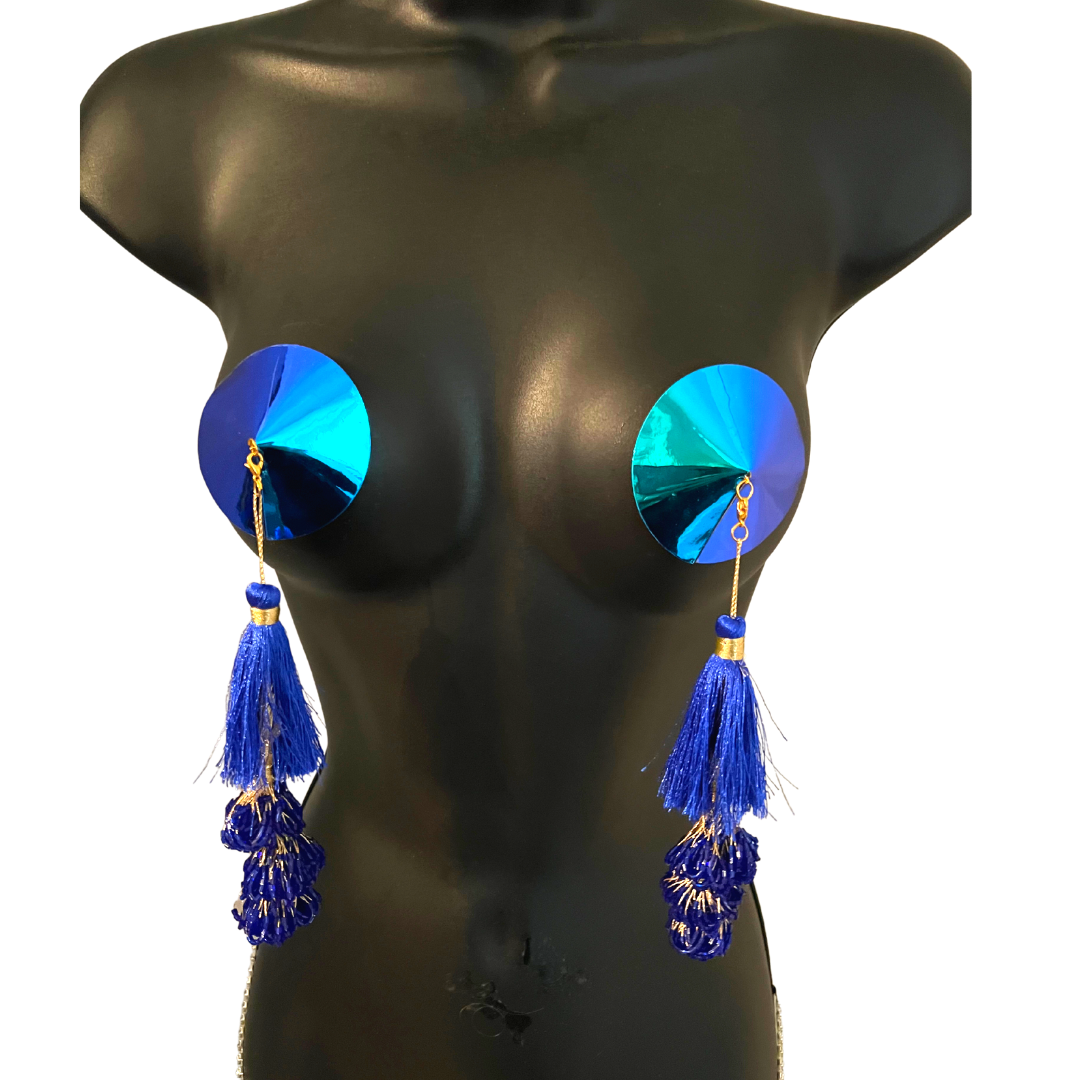 MINA VON VIXEN Pâte à tétons bleu royal, cache-tétons (2 pièces) avec 2 paires de pompons amovibles ! Pour les festivals de lingerie Carnaval Burlesque Raves